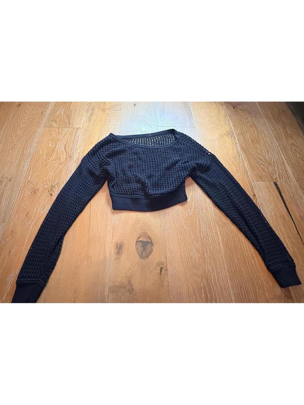 Alo Yoga Black Cropped Off Shoulder Mesh Knit Sweater Size Small